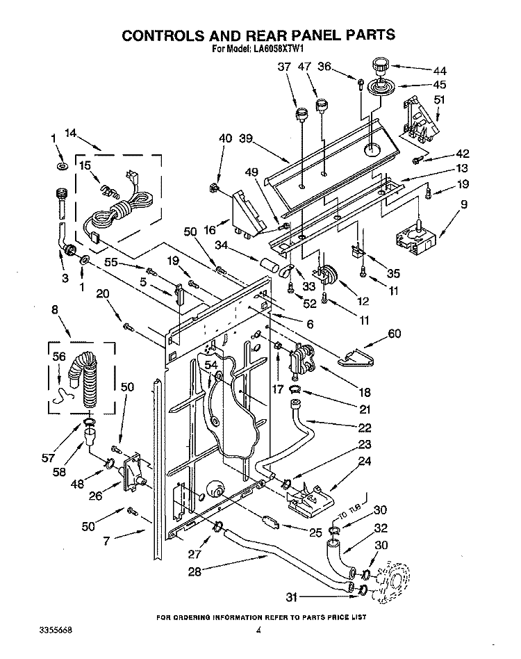 CONTROLS AND REAR PANEL Diagram and Parts List for LA6058XTG1  Whirlpool Washer