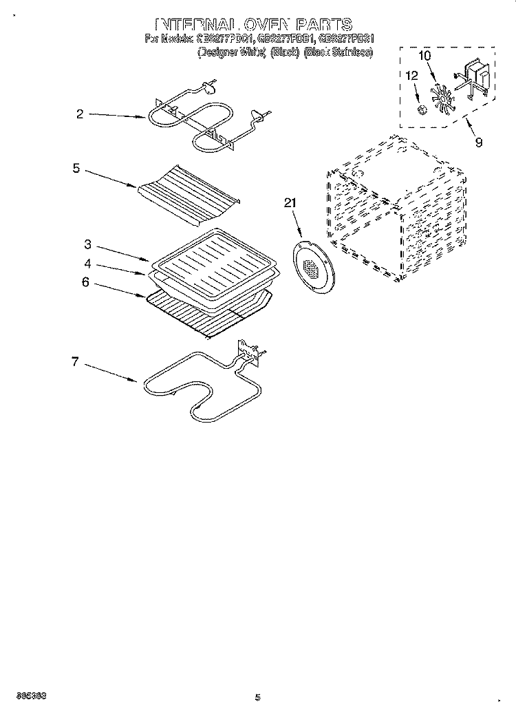 INTERNAL OVEN Diagram and Parts List for GBS277PDB1  Whirlpool Wall Oven