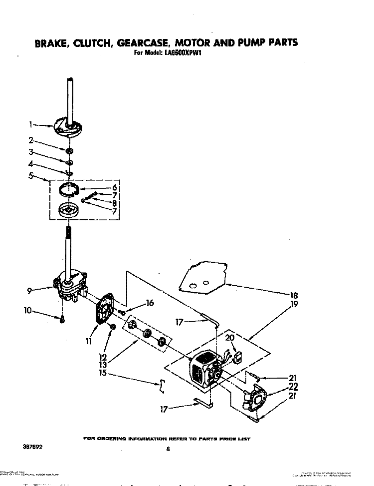 BRAKE, CLUTCH, GEARCASE, MOTOR AND PUMP Diagram and Parts List for LA6500XPW1  Whirlpool Washer