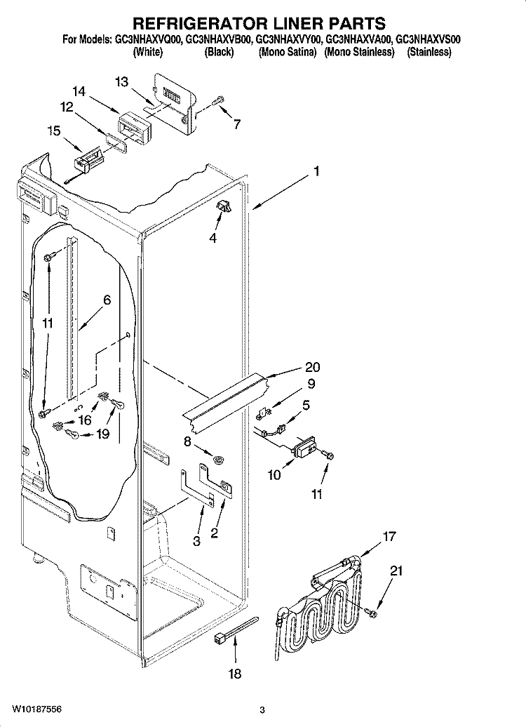 REFRIGERATOR LINER PARTS Diagram and Parts List for GC3NHAXVA00  Whirlpool Refrigerator