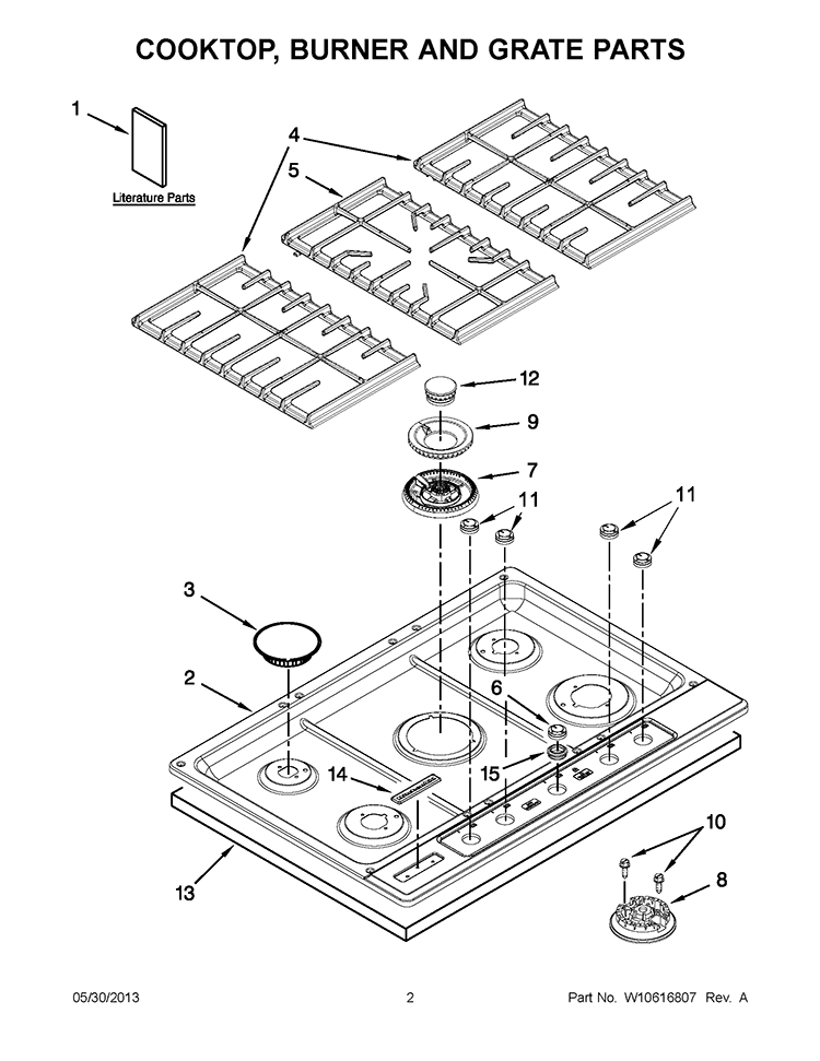 COOKTOP, BURNER AND GRATE PARTS Diagram and Parts List for KFGU706VSS03  KitchenAid Cooktop