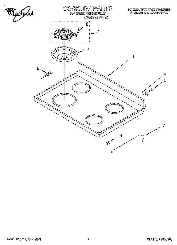 COOKTOP Diagram and Parts List for 4RF302BXEQ1  Whirlpool Range