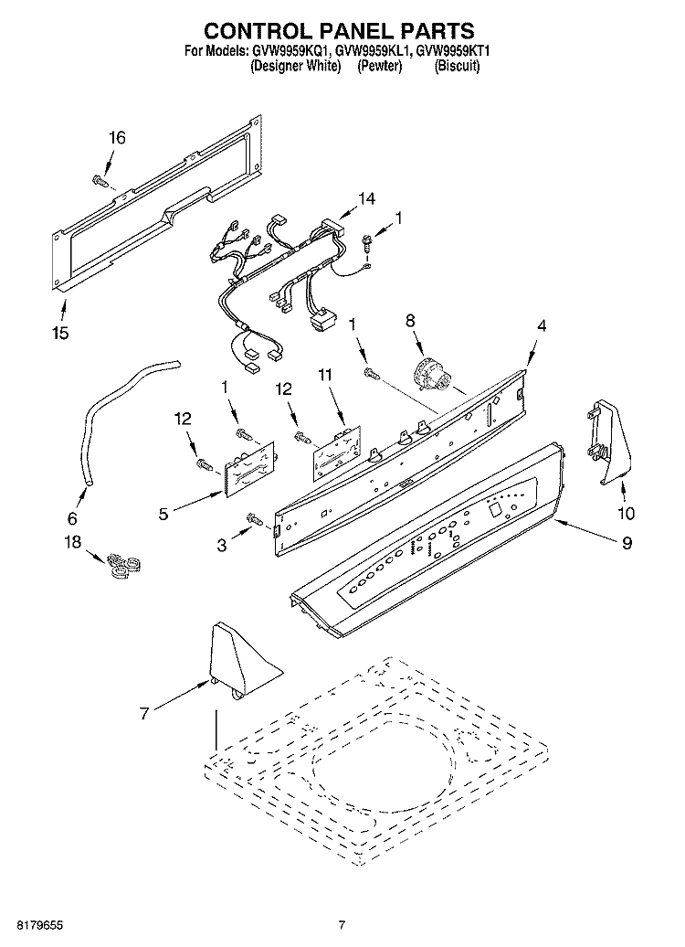 CONTROL PANEL Diagram and Parts List for GVW9959KT1  Whirlpool Washer