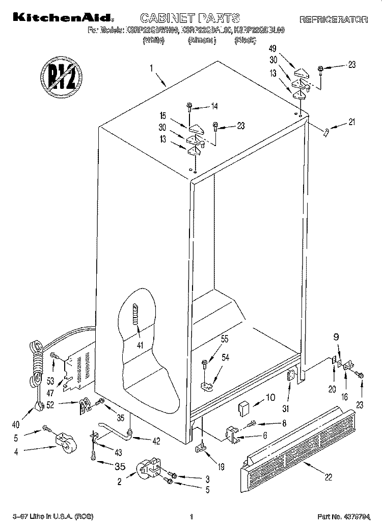 CABINET Diagram and Parts List for KSRP22QDBL00  KitchenAid Refrigerator