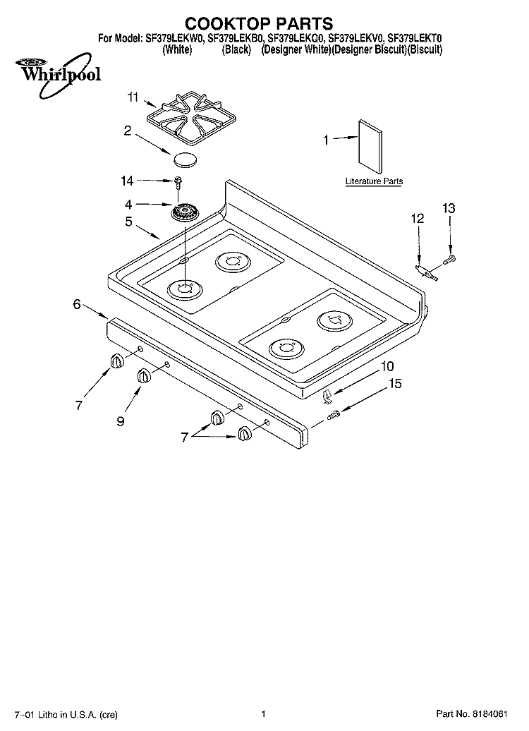 COOKTOP, LITERATURE Diagram and Parts List for SF379LEKV0  Whirlpool Range