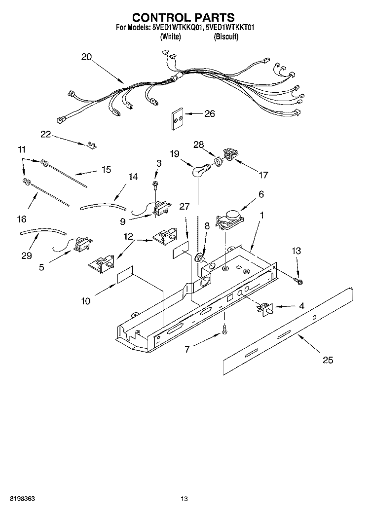 CONTROL Diagram and Parts List for 5VED1WTKKQ01  Whirlpool Refrigerator
