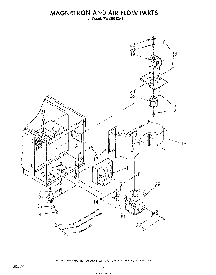 MAGNETRON AND AIR FLOW Diagram and Parts List for MW8900XS4  Whirlpool Microwave