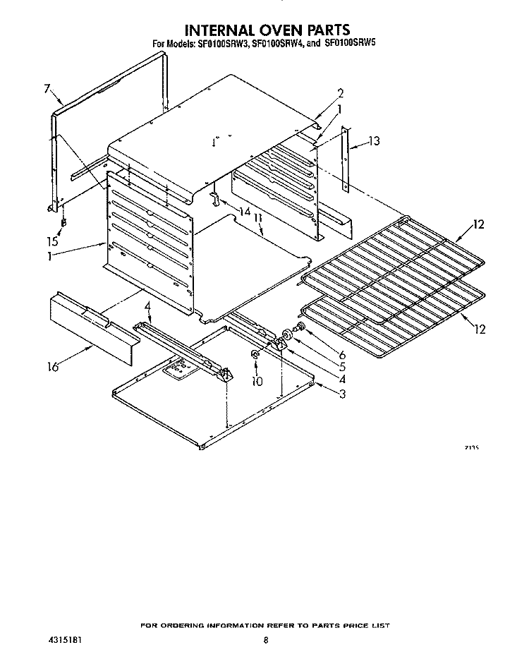 INTERNAL OVEN Diagram and Parts List for SF0100SRW4  Whirlpool Range