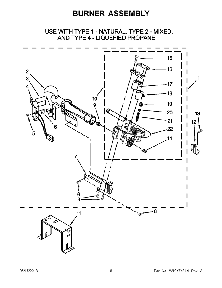 BURNER ASSEMBLY Diagram and Parts List for XCGM2763BQ0  Whirlpool Dryer