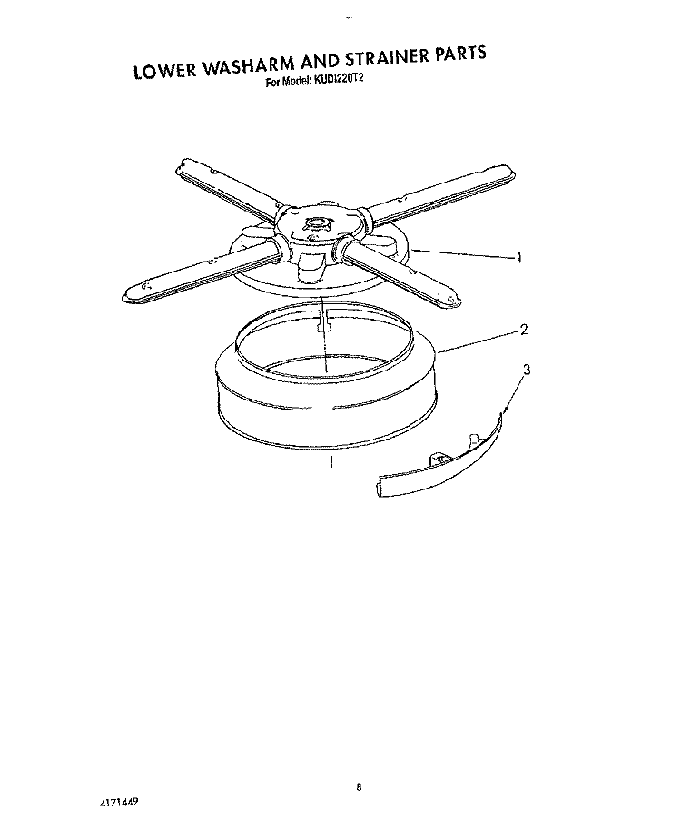 LOWER WASHARM AND STRAINER Diagram and Parts List for KUDI220T2  KitchenAid Dishwasher