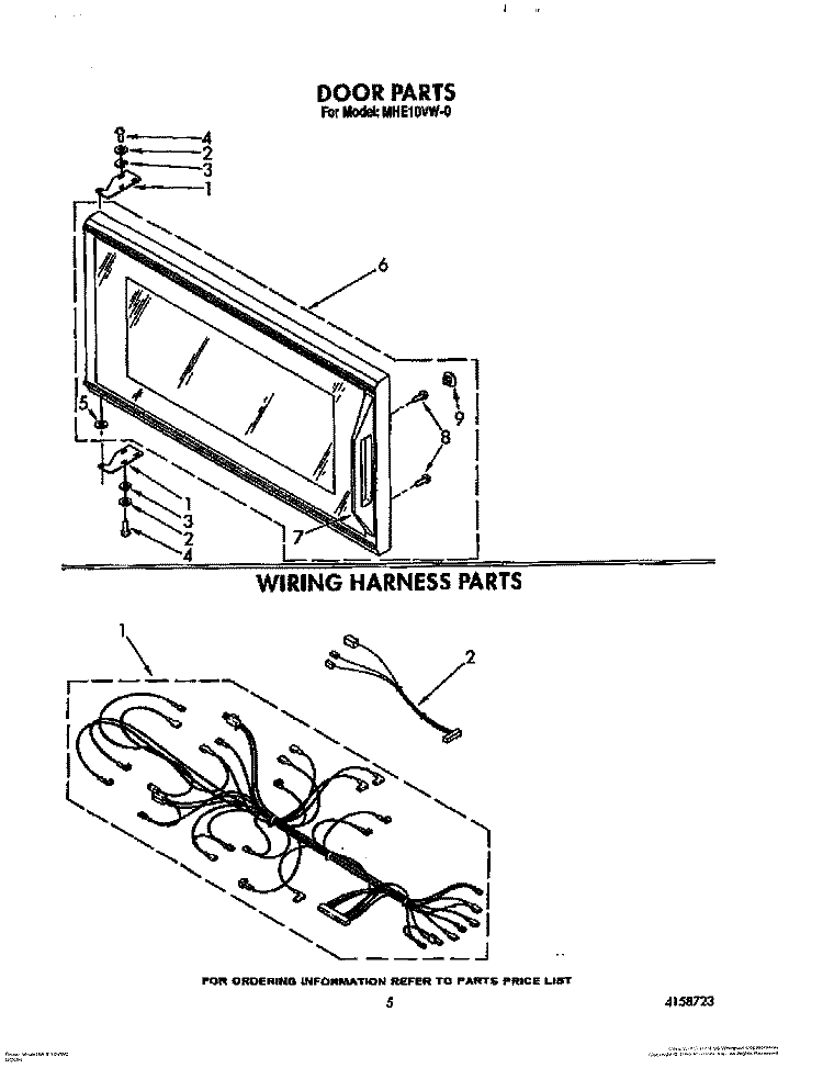 DOOR, WIRING HARNESS, LIT/OPTIONAL Diagram and Parts List for MHE10VW0  Roper Microwave