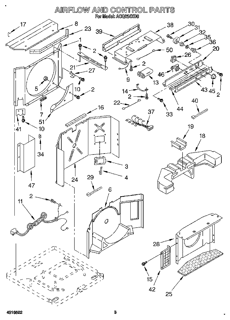 AIRFLOW AND CONTROL Diagram and Parts List for ACQ254XD0  Whirlpool Air Conditioner