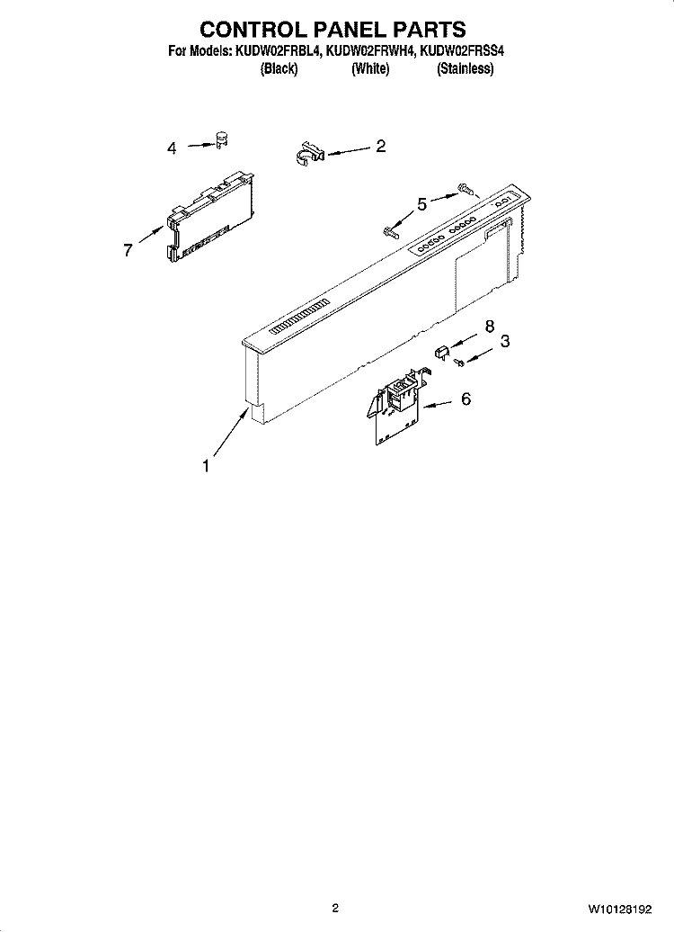 CONTROL PANEL PARTS Diagram and Parts List for KUDW02FRWH4  KitchenAid Dishwasher