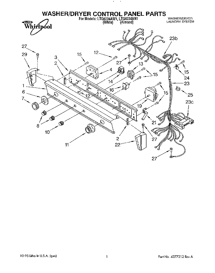 WASHER/DRYER CONTROL PANEL Diagram and Parts List for LTG6234AW1  Whirlpool Washer Dryer Combo