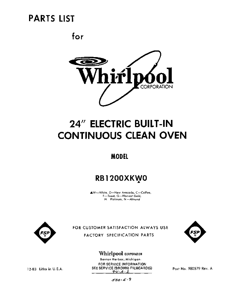 SECTION Diagram and Parts List for RB1200XKW0  Whirlpool Wall Oven