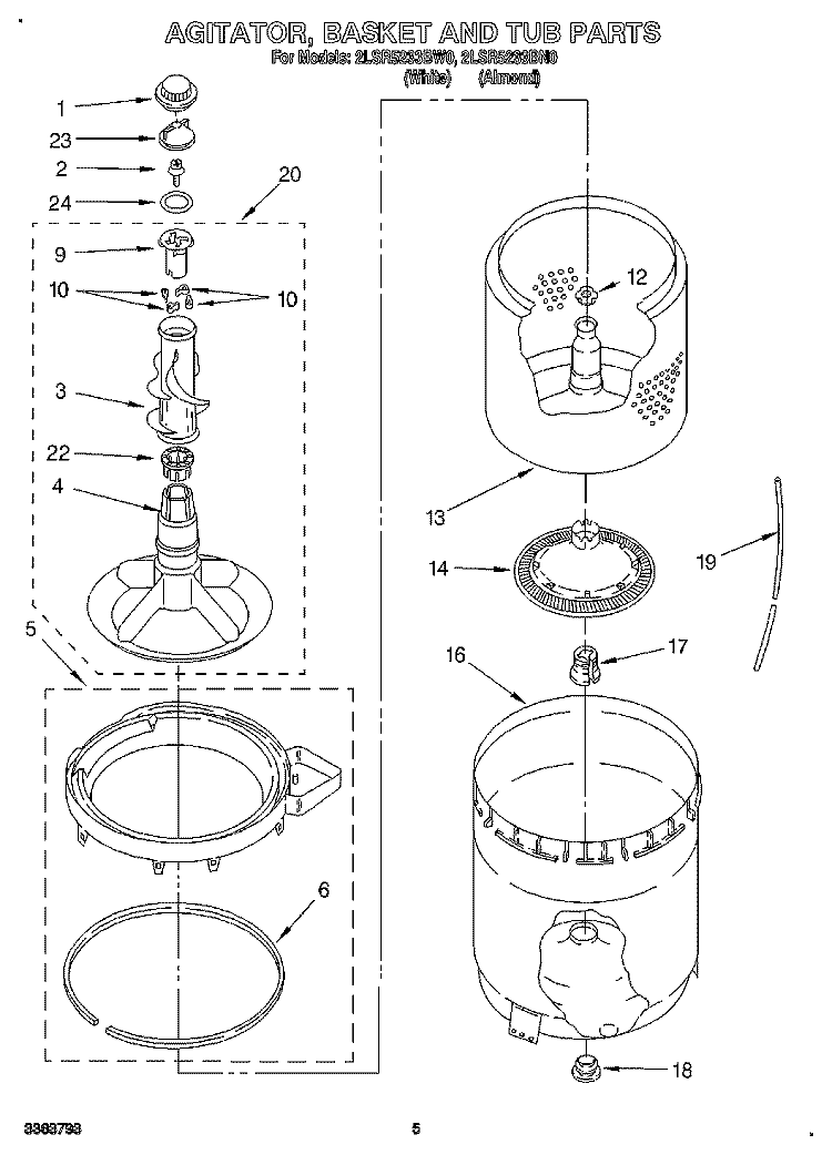 AGITATOR, BASKET AND TUB Diagram and Parts List for 2LSR5233BW0  Whirlpool Washer