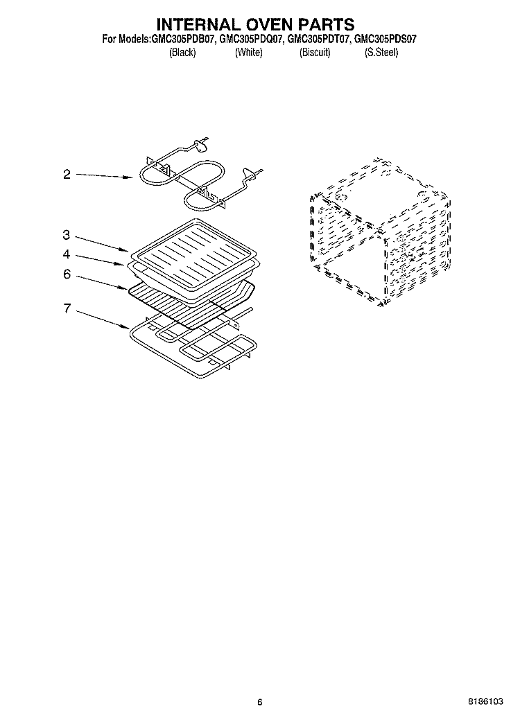 INTERNAL OVEN PARTS Diagram and Parts List for GMC305PDS07  Whirlpool Microwave Oven Combo