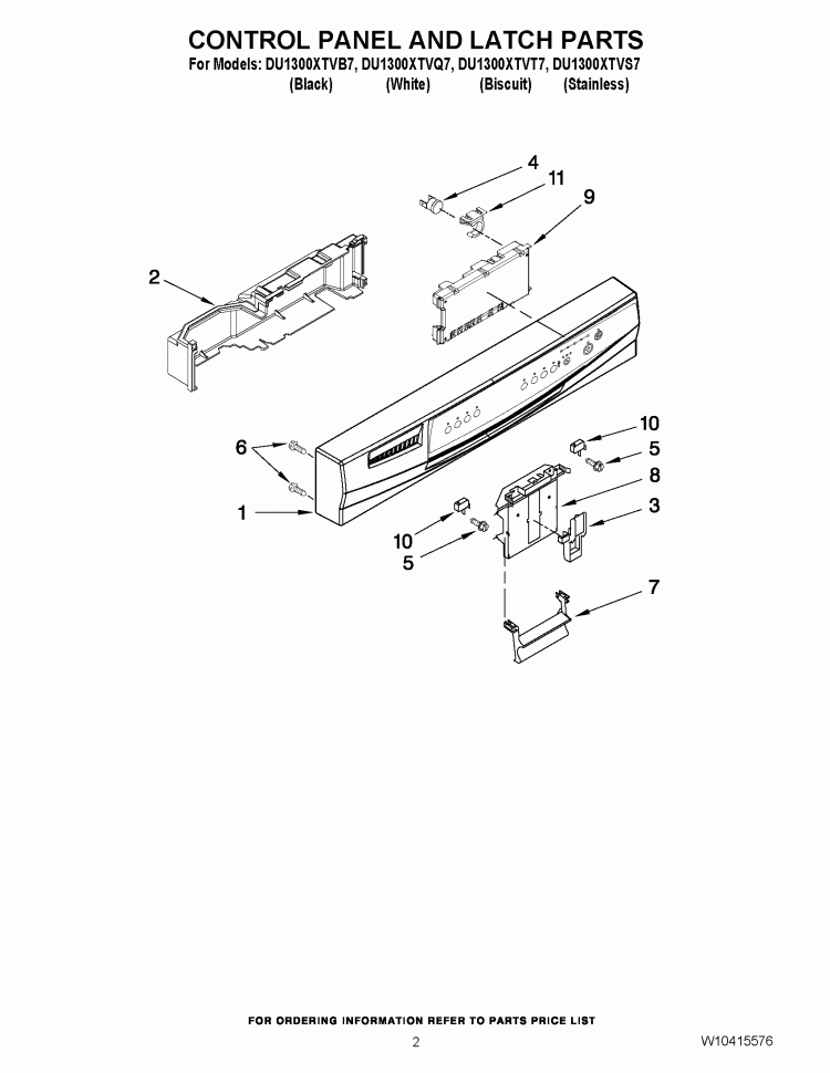 CONTROL PANEL AND LATCH PARTS Diagram and Parts List for DU1300XTVS7  Whirlpool Dishwasher