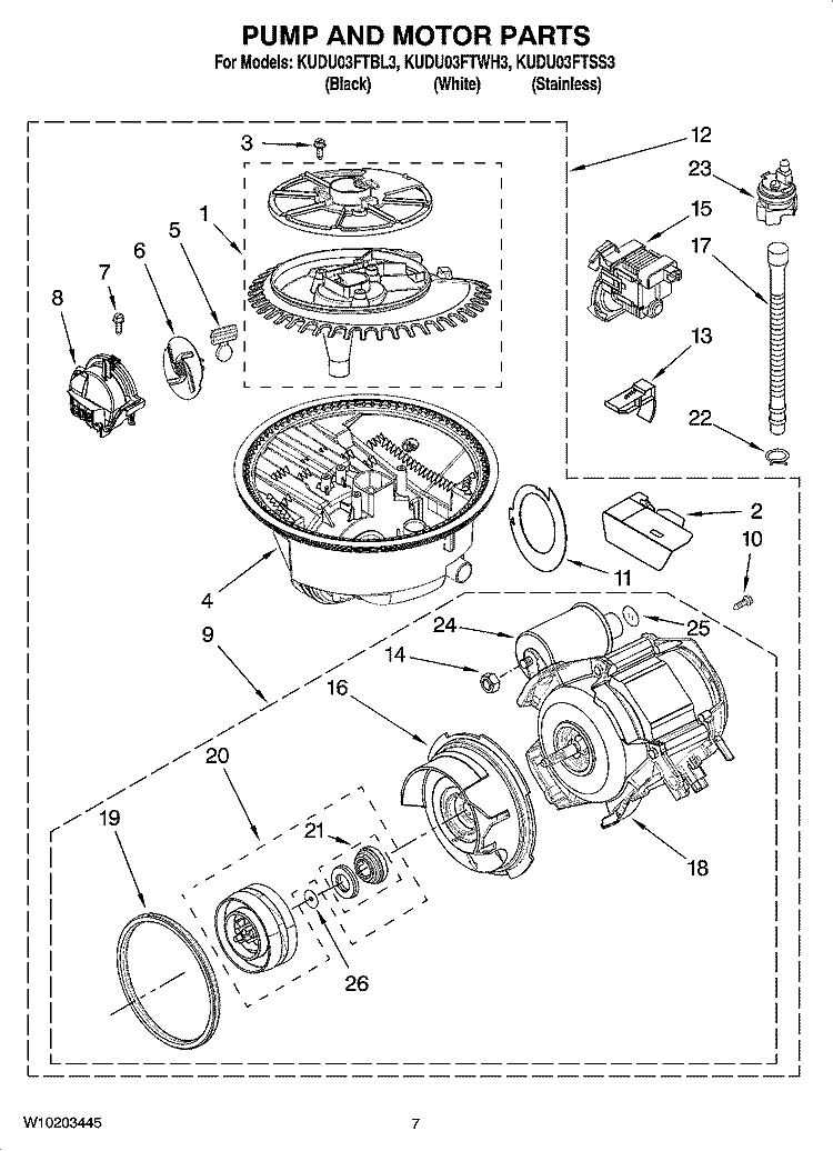 PUMP AND MOTOR PARTS Diagram and Parts List for KUDU03FTBL3  KitchenAid Dishwasher