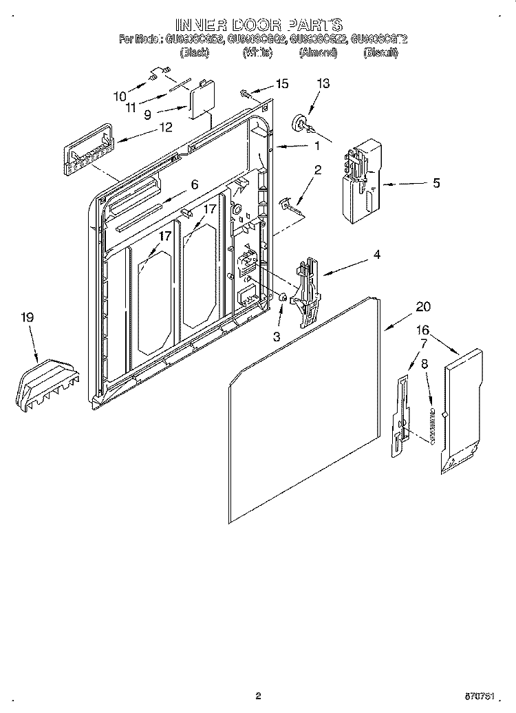 INNER DOOR Diagram and Parts List for GU980SCGZ2  Whirlpool Dishwasher