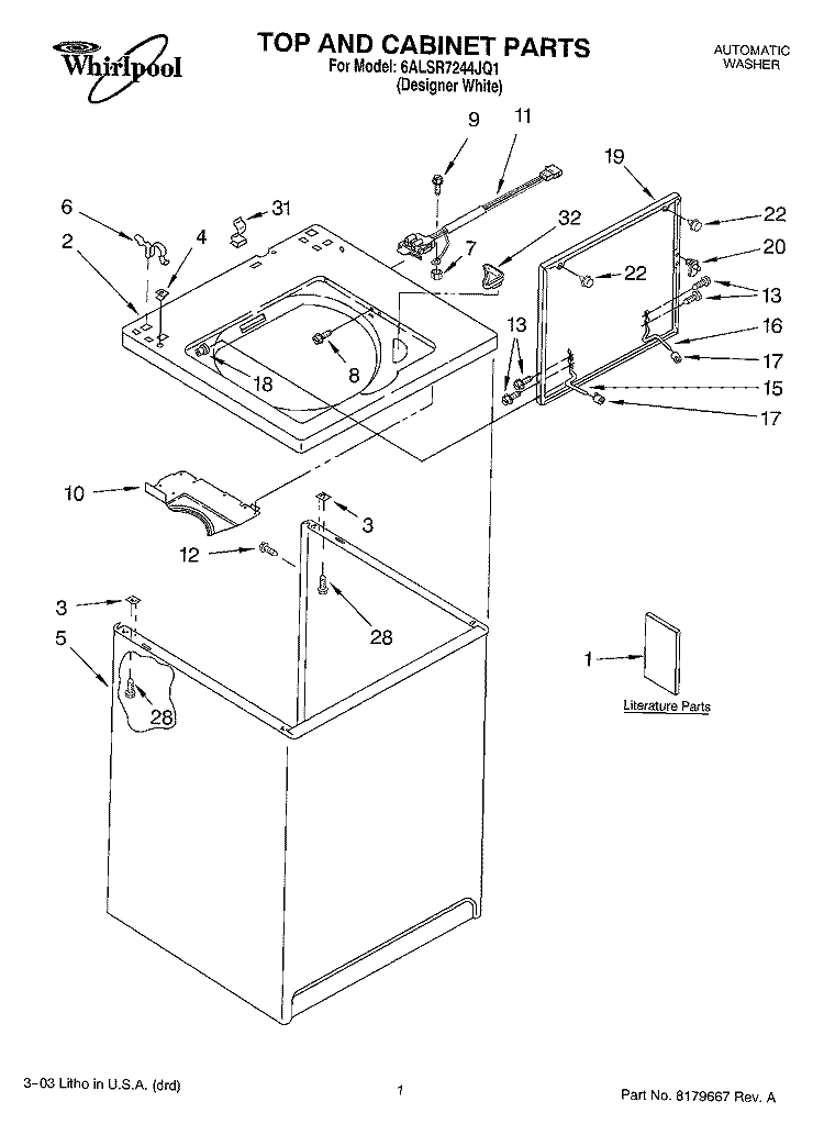 TOP AND CABINET PARTS Diagram and Parts List for 6ALSR7244JQ1  Whirlpool Washer