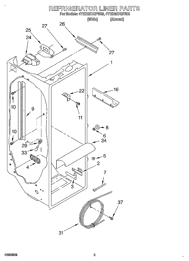 REFRIGERATOR LINER Diagram and Parts List for 4YED25DQFN03  Whirlpool Refrigerator