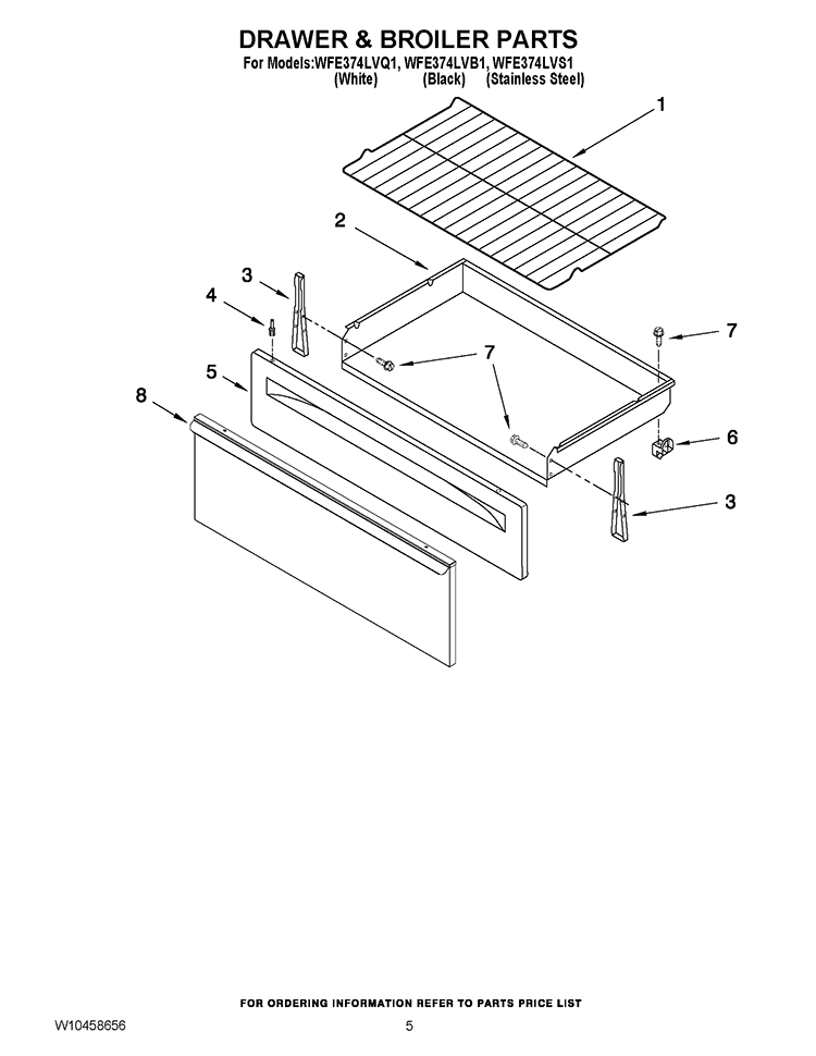 DRAWER & BROILER PARTS Diagram and Parts List for WFE374LVQ1  Whirlpool Range