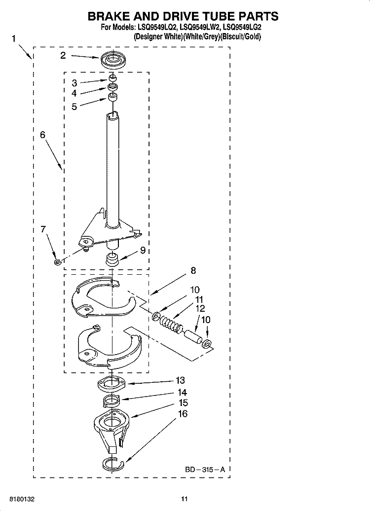 BRAKE AND DRIVE TUBE PARTS Diagram and Parts List for LSQ9549LW2  Whirlpool Washer