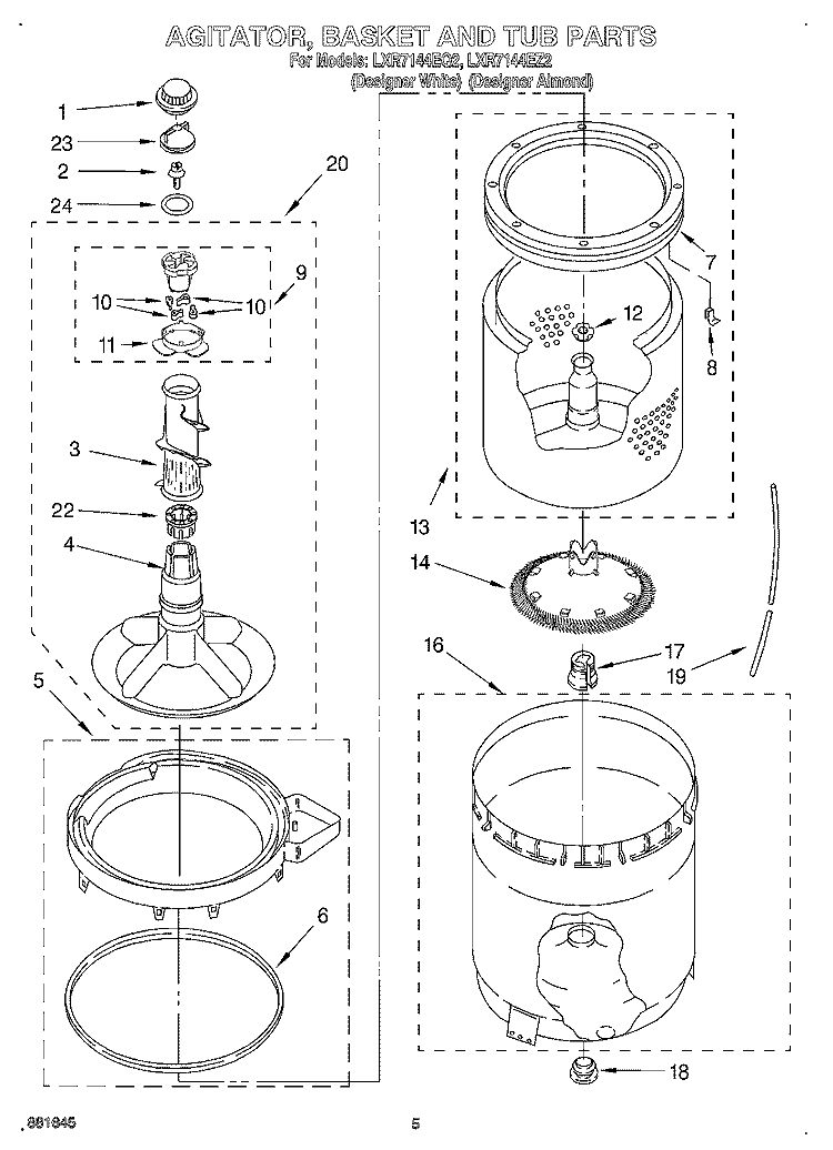 AGITATOR, BASKET, AND TUB Diagram and Parts List for LXR7144EQ2  Whirlpool Washer