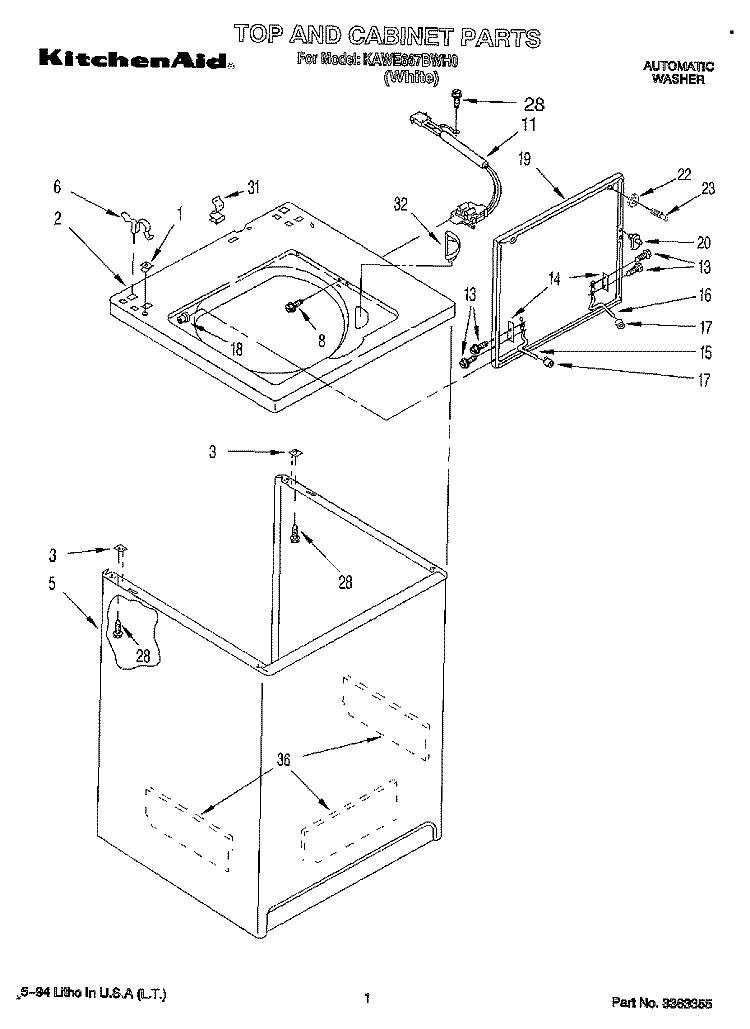 TOP AND CABINET, LIT/OPTIONAL Diagram and Parts List for KAWE667BWH0  KitchenAid Washer