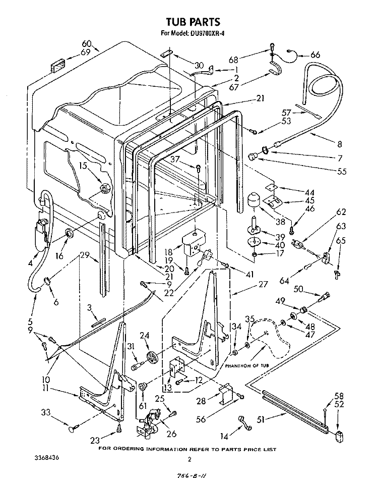TUB , LITERATURE AND OPTIONAL Diagram and Parts List for DU9700XR4  Whirlpool Dishwasher