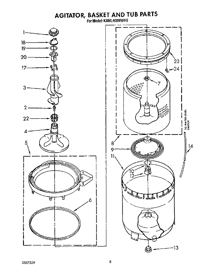 AGITATOR, BASKET AND TUB PARTS Diagram and Parts List for KAWL400WWH0  KitchenAid Washer