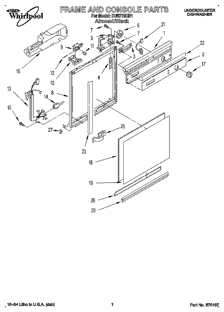 FRAME AND CONSOLE Diagram and Parts List for DU8770XB1  Whirlpool Dishwasher
