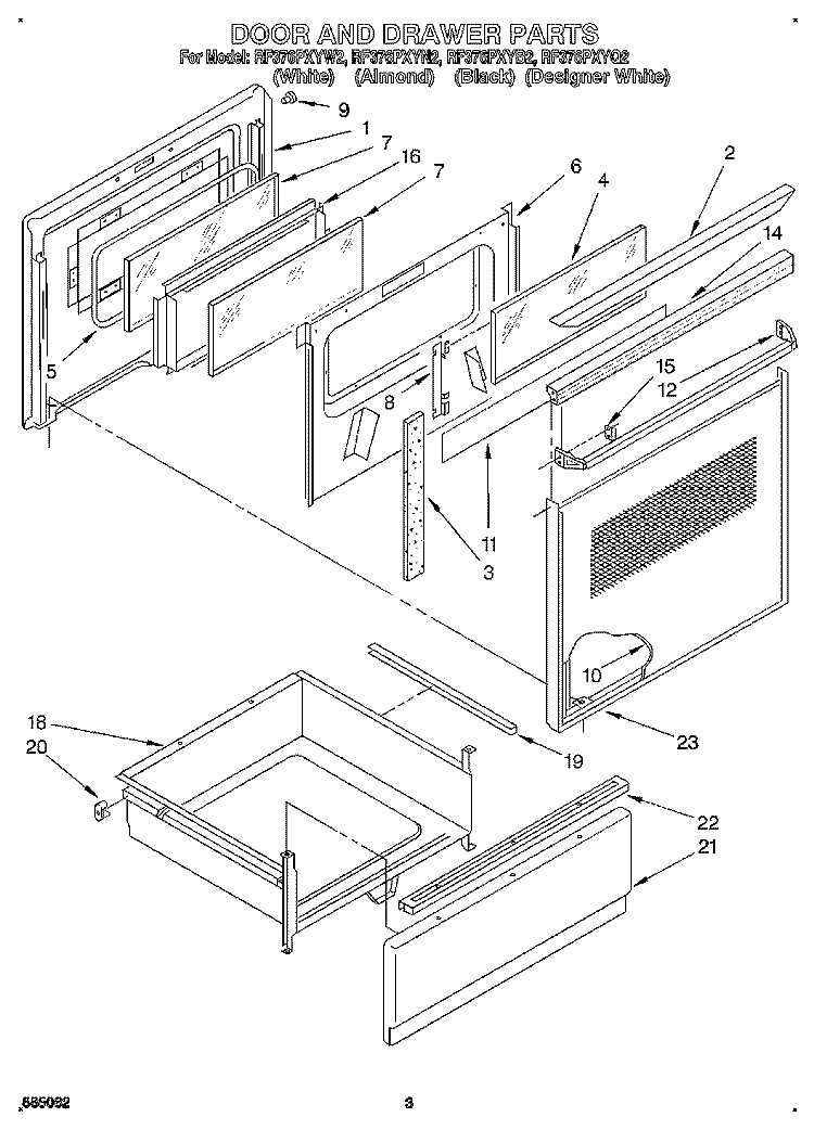 DOOR AND DRAWER Diagram and Parts List for RF376PXYN2  Whirlpool Range
