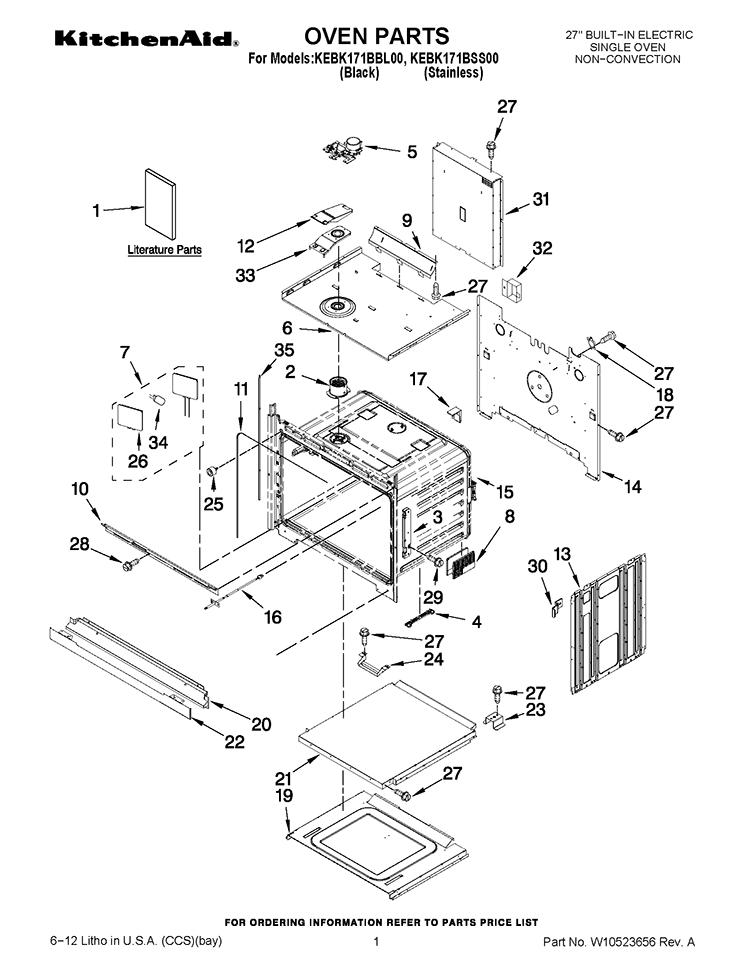 OVEN PARTS Diagram and Parts List for KEBK171BSS00  KitchenAid Wall Oven