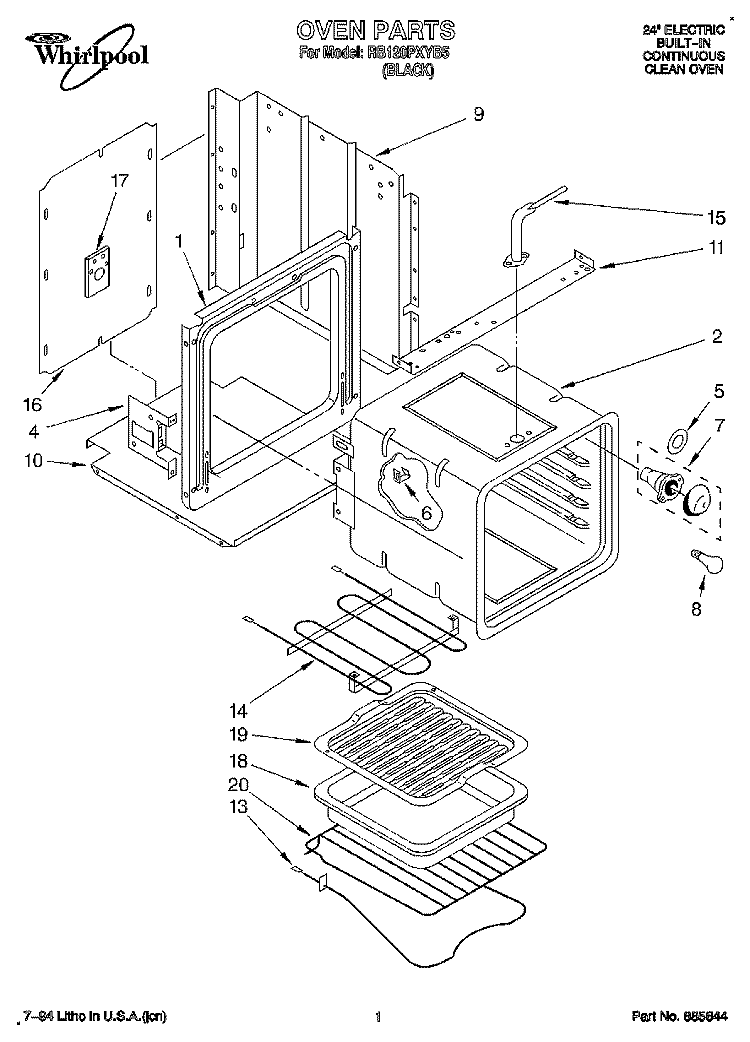 OVEN Diagram and Parts List for RB120PXYB5  Whirlpool Wall Oven