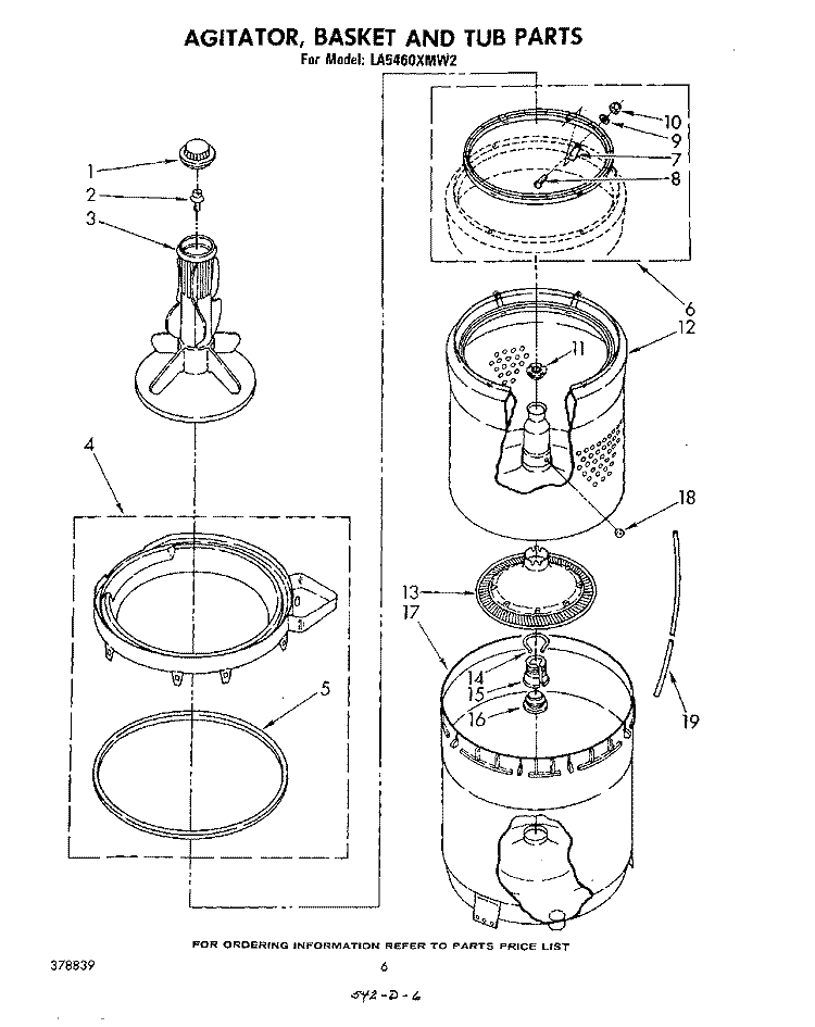 AGITATOR, BASKET AND TUB Diagram and Parts List for LA5460XMW2  Whirlpool Washer