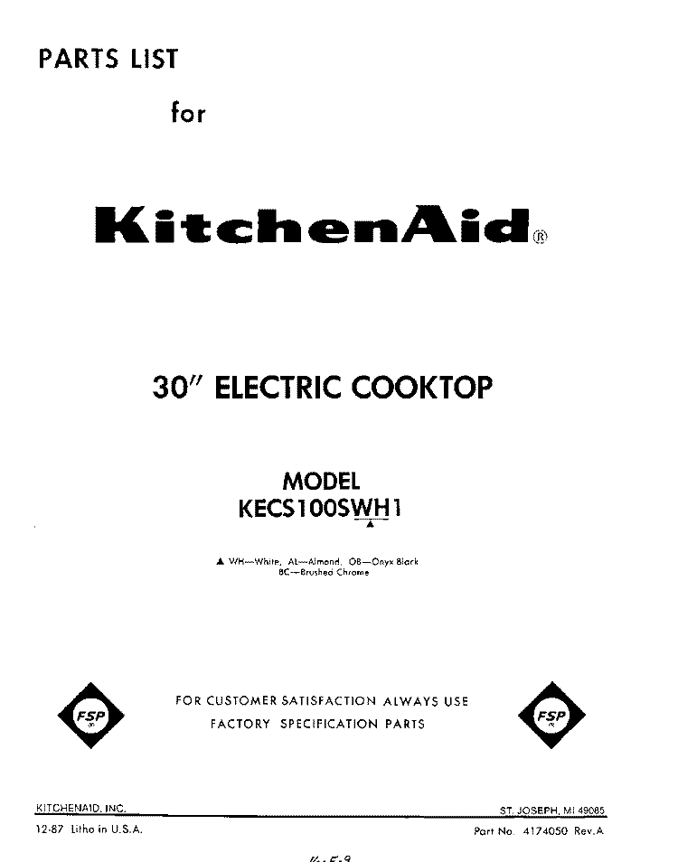 SECTION Diagram and Parts List for KECS100SWH1  KitchenAid Cooktop