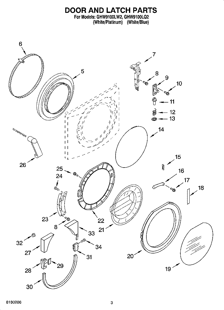 DOOR AND LATCH PARTS Diagram and Parts List for GHW9100LW2  Whirlpool Washer