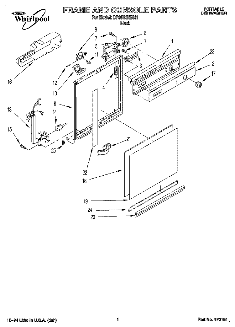 FRAME AND CONSOLE Diagram and Parts List for DP8500XBN1  Whirlpool Dishwasher