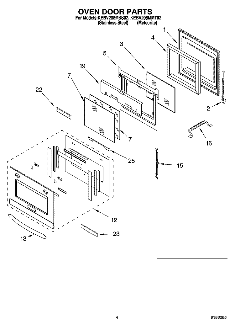OVEN DOOR PARTS Diagram and Parts List for KEBV208MSS02  KitchenAid Wall Oven