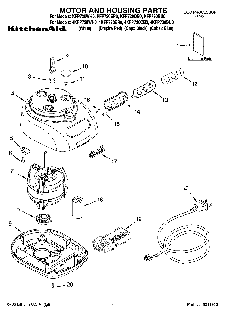 MOTOR AND HOUSING PARTS Diagram and Parts List for 4KFP720WH0  KitchenAid Food Processor
