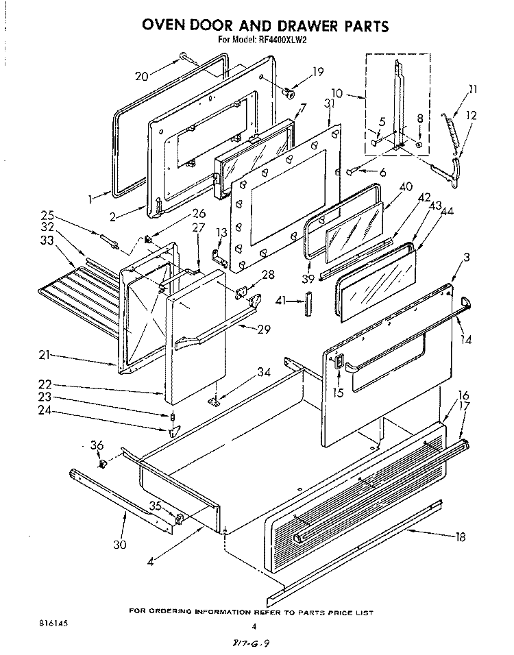 OVEN DOOR AND DRAWER Diagram and Parts List for RF4400XLW2  Whirlpool Range