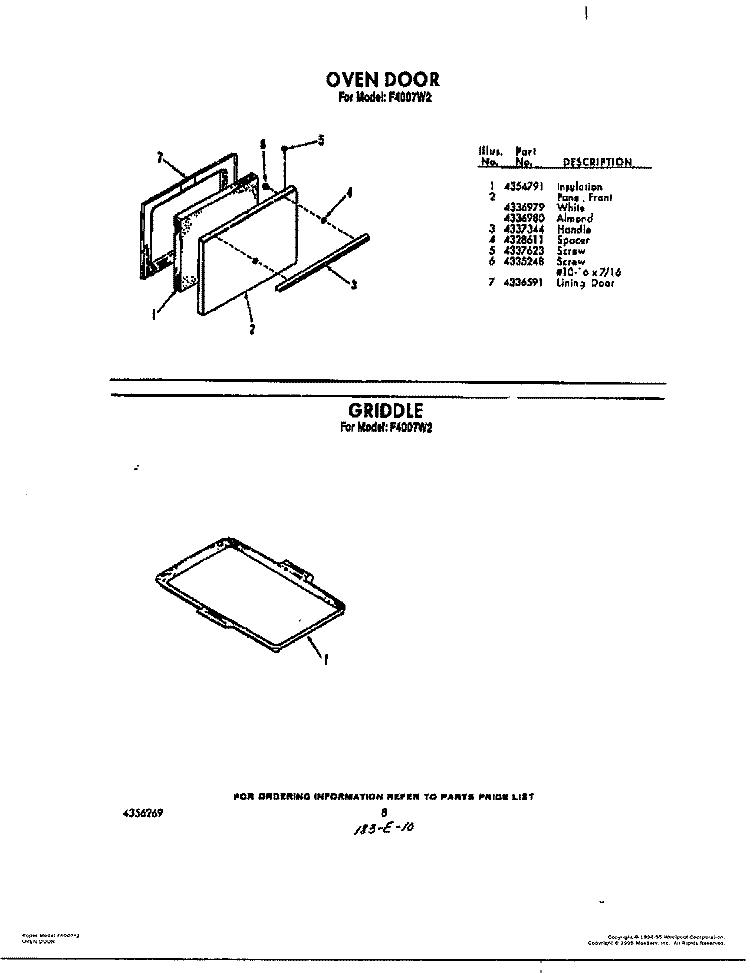 OVEN DOOR, GRIDDLE Diagram and Parts List for F4007^2  Whirlpool Range