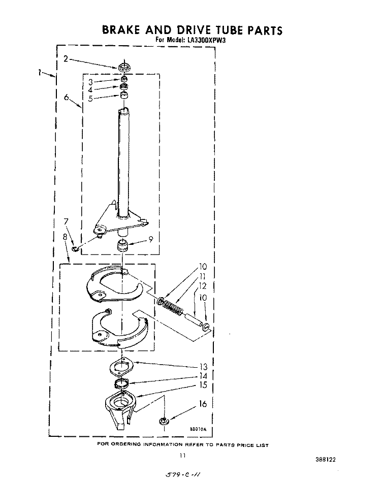 BRAKE AND DRIVE TUBE Diagram and Parts List for LA3300XPW3  Whirlpool Washer