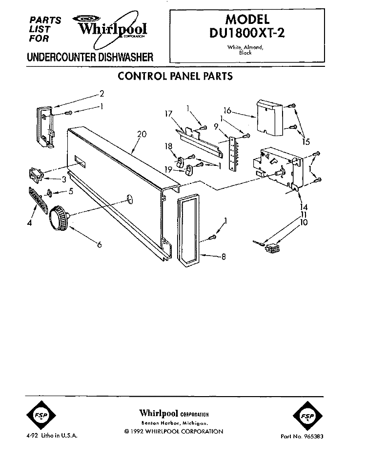 CONTROL PANEL Diagram and Parts List for DU1800XT2  Whirlpool Dishwasher