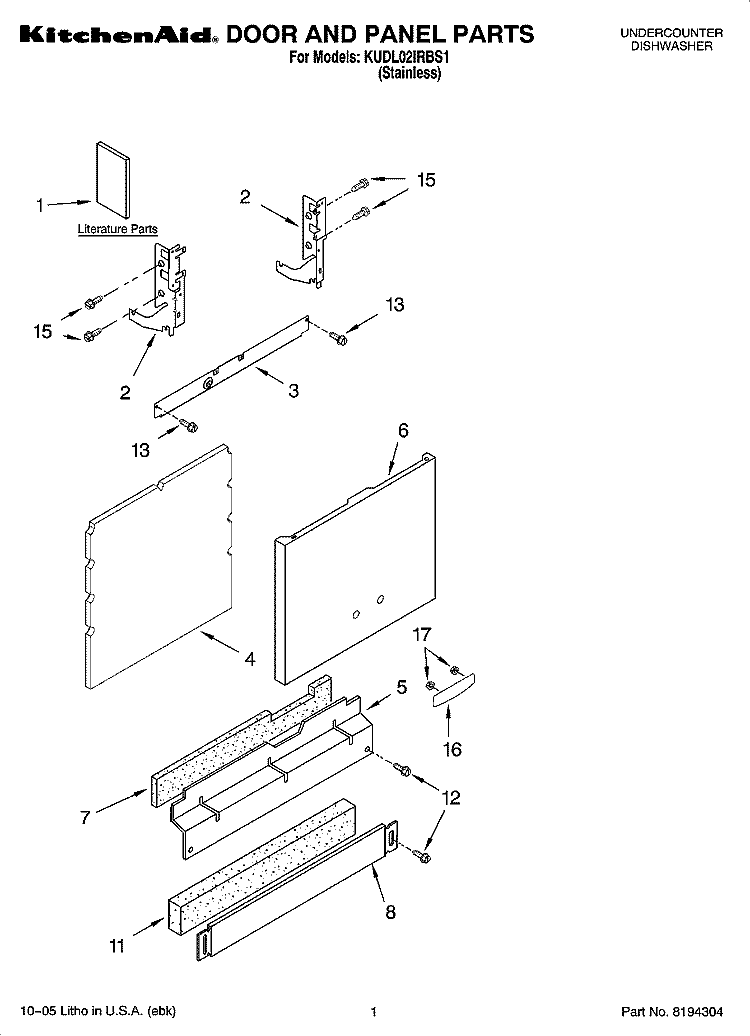 DOOR AND PANEL PARTS Diagram and Parts List for KUDL02IRBS1  KitchenAid Dishwasher