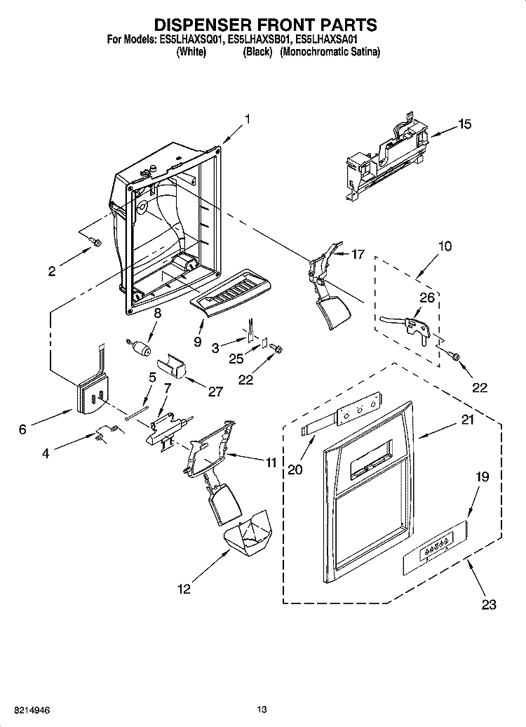 DISPENSER FRONT PARTS Diagram and Parts List for ES5LHAXSQ01  Whirlpool Refrigerator