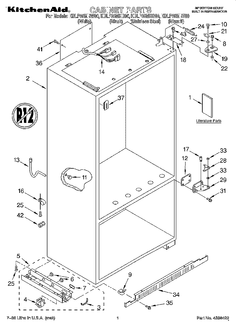 CABINET, LITERATURE Diagram and Parts List for KBLP36MHS00  KitchenAid Refrigerator