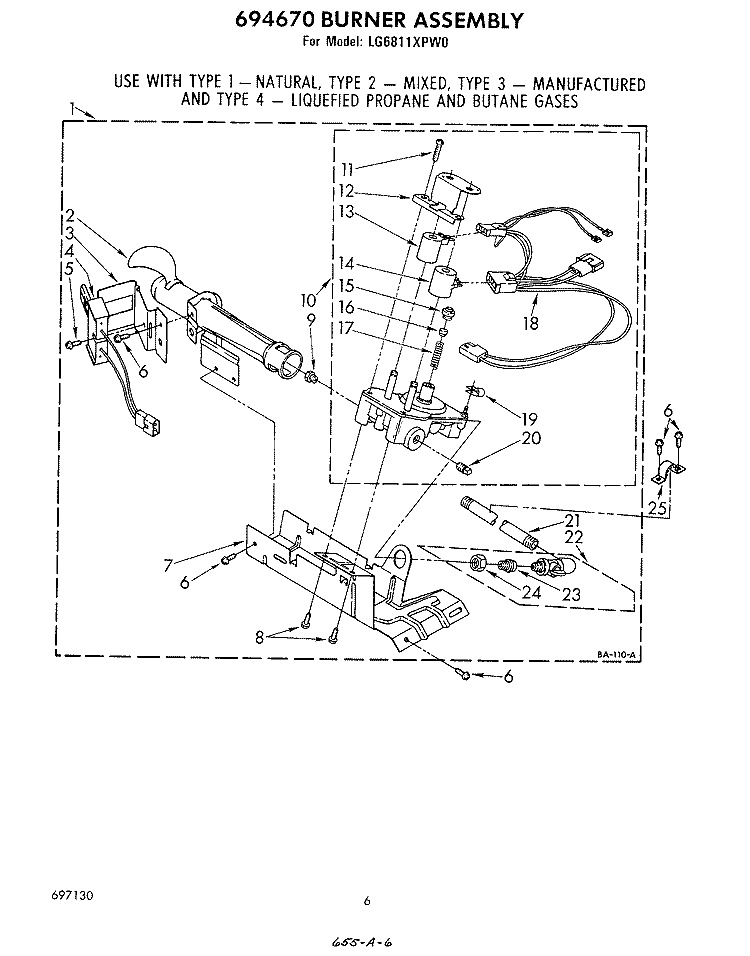 694670 BURNER Diagram and Parts List for LG6811XPW0  Whirlpool Dryer